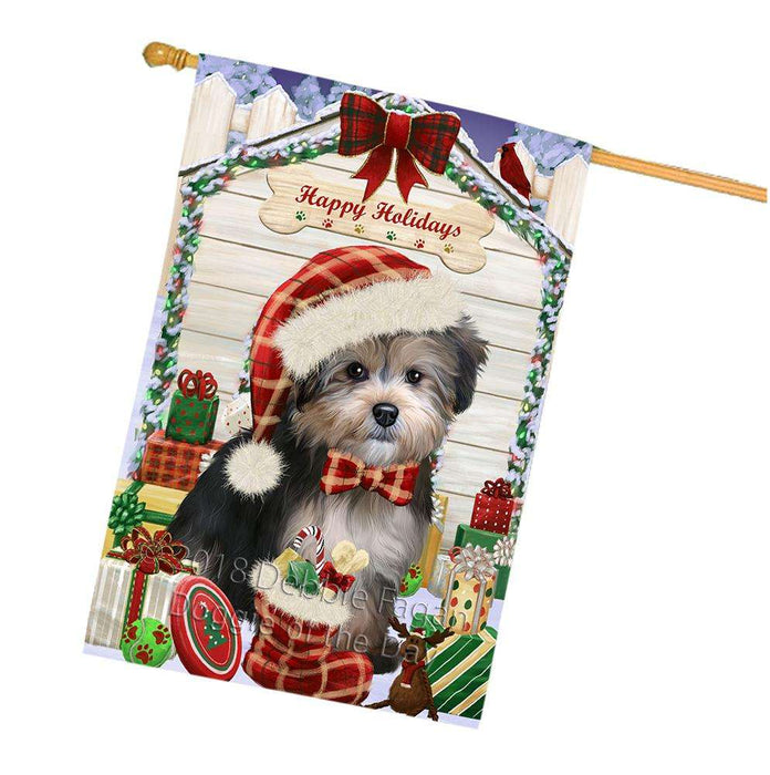 Happy Holidays Christmas Yorkipoo Dog House With Presents House Flag FLG51671