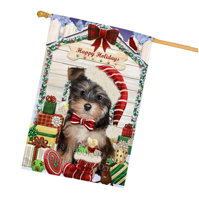Happy Holidays Christmas Yorkipoo Dog House With Presents House Flag FLG51672
