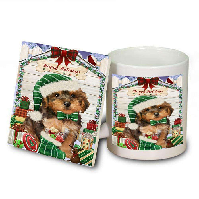 Happy Holidays Christmas Yorkipoo Dog House With Presents Mug and Coaster Set MUC51529