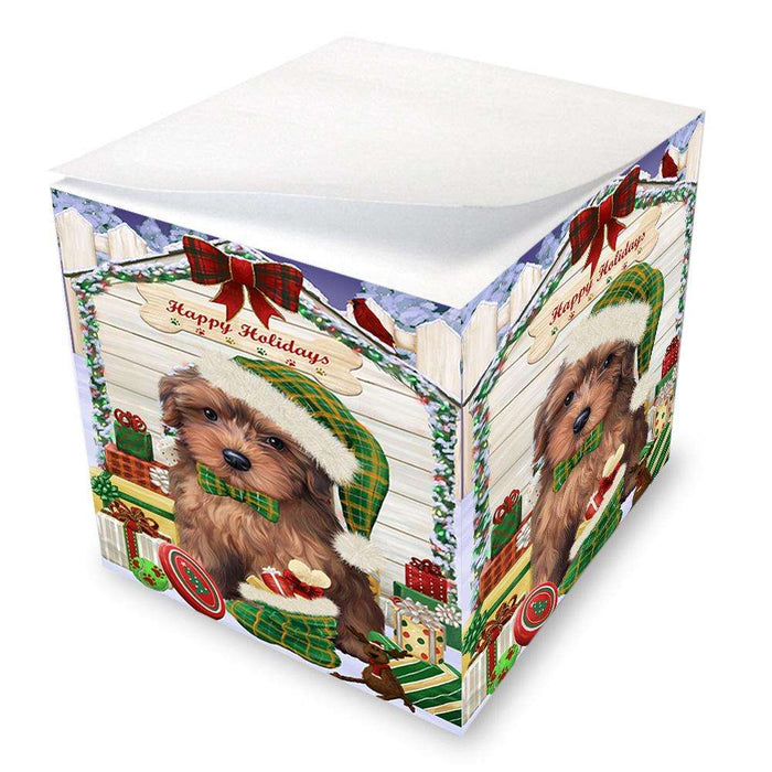 Happy Holidays Christmas Yorkipoo Dog House With Presents Note Cube NOC51536