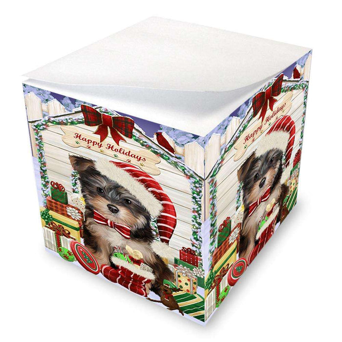 Happy Holidays Christmas Yorkipoo Dog House With Presents Note Cube NOC51539