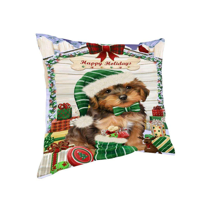 Happy Holidays Christmas Yorkipoo Dog House with Presents Pillow PIL62512