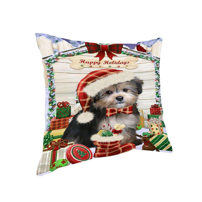 Happy Holidays Christmas Yorkipoo Dog House with Presents Pillow PIL62516