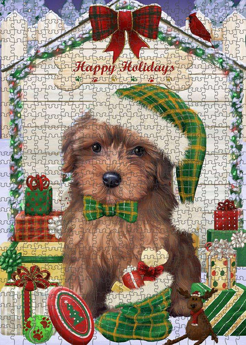 Happy Holidays Christmas Yorkipoo Dog House with Presents Puzzle with Photo Tin PUZL58695