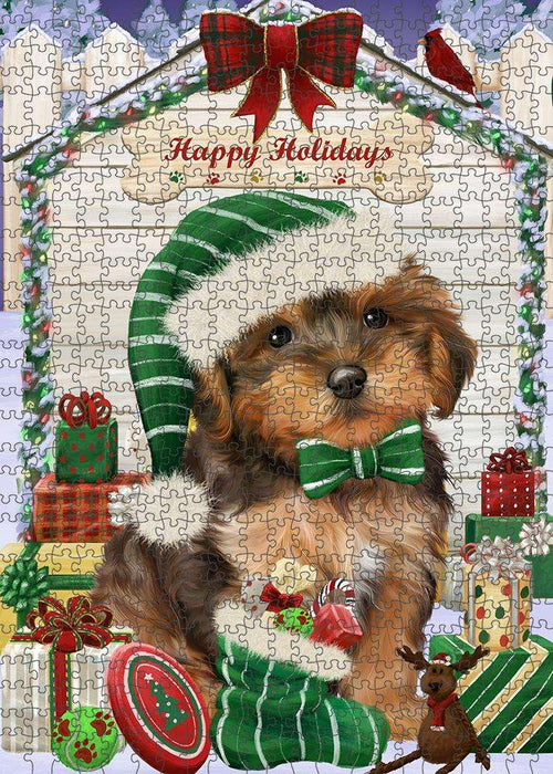 Happy Holidays Christmas Yorkipoo Dog House with Presents Puzzle with Photo Tin PUZL58698