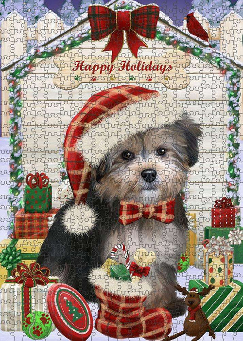 Happy Holidays Christmas Yorkipoo Dog House with Presents Puzzle with Photo Tin PUZL58701