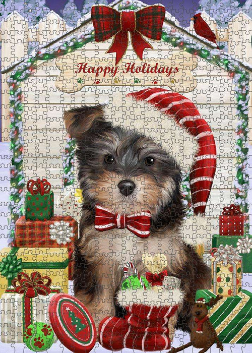 Happy Holidays Christmas Yorkipoo Dog House with Presents Puzzle with Photo Tin PUZL58704