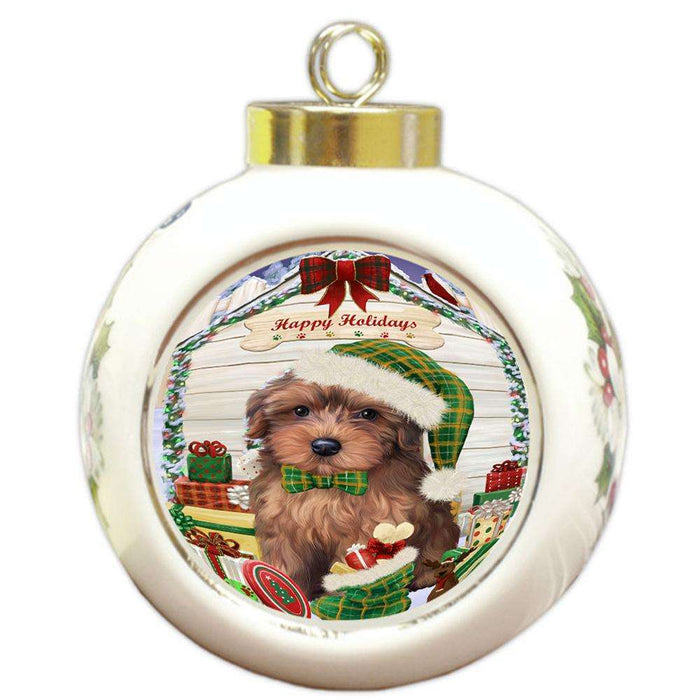Happy Holidays Christmas Yorkipoo Dog House With Presents Round Ball Christmas Ornament RBPOR51536