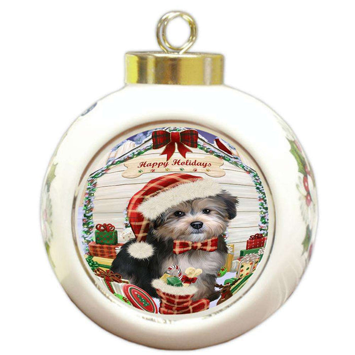 Happy Holidays Christmas Yorkipoo Dog House With Presents Round Ball Christmas Ornament RBPOR51538