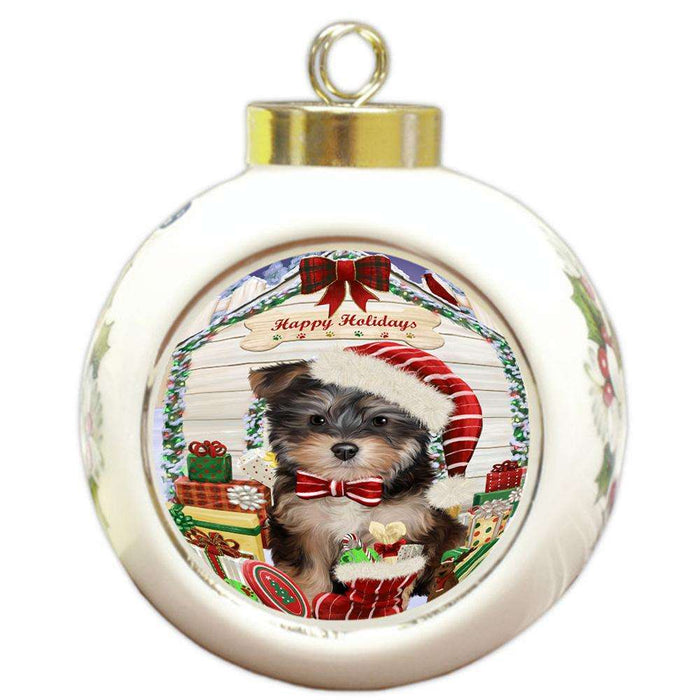 Happy Holidays Christmas Yorkipoo Dog House With Presents Round Ball Christmas Ornament RBPOR51539