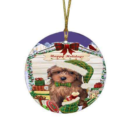 Happy Holidays Christmas Yorkipoo Dog House With Presents Round Flat Christmas Ornament RFPOR51527