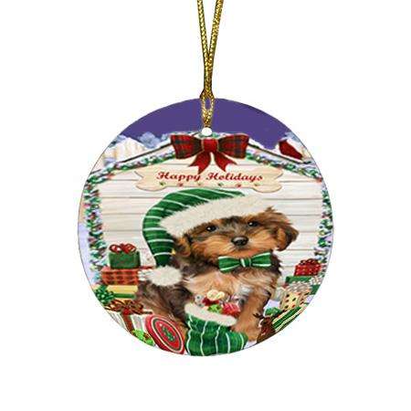 Happy Holidays Christmas Yorkipoo Dog House With Presents Round Flat Christmas Ornament RFPOR51528