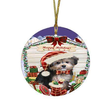 Happy Holidays Christmas Yorkipoo Dog House With Presents Round Flat Christmas Ornament RFPOR51529