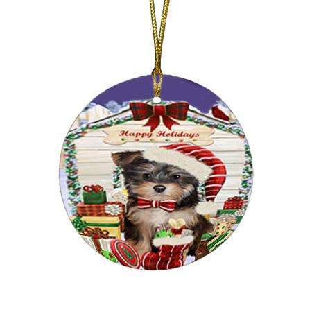 Happy Holidays Christmas Yorkipoo Dog House With Presents Round Flat Christmas Ornament RFPOR51530