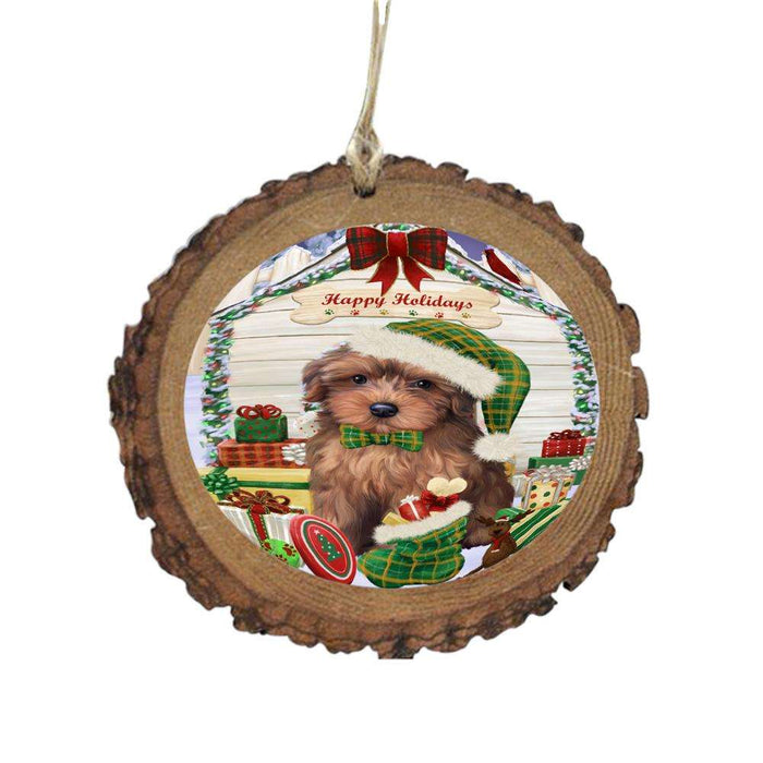 Happy Holidays Christmas Yorkipoo House With Presents Wooden Christmas Ornament WOR49998