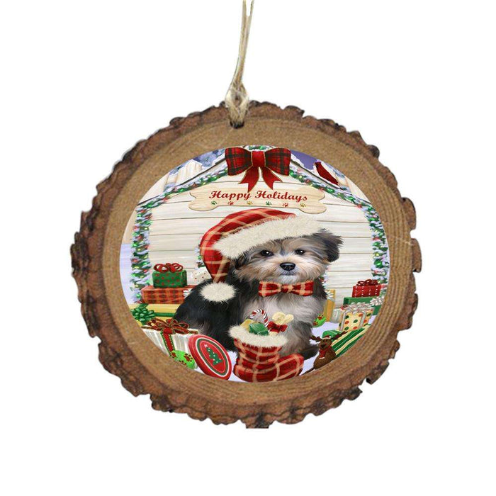 Happy Holidays Christmas Yorkipoo House With Presents Wooden Christmas Ornament WOR50000