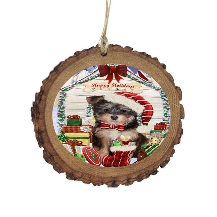 Happy Holidays Christmas Yorkipoo House With Presents Wooden Christmas Ornament WOR50001