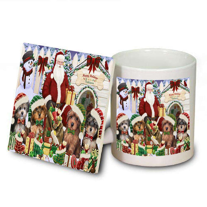 Happy Holidays Christmas Yorkipoos Dog House Gathering Mug and Coaster Set MUC51466
