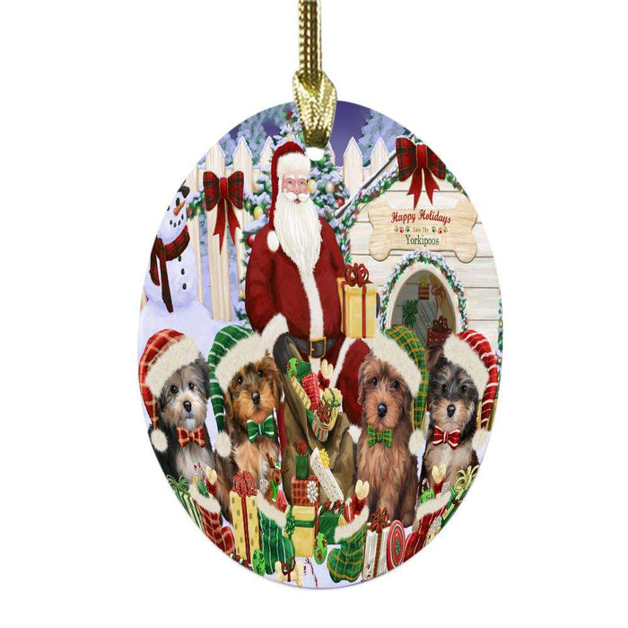 Happy Holidays Christmas Yorkipoos Dog House Gathering Oval Glass Christmas Ornament OGOR49736
