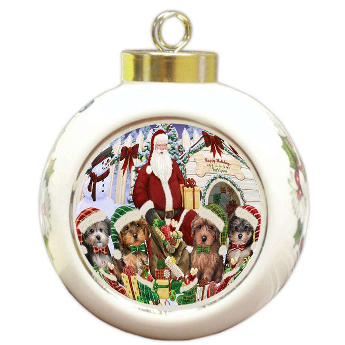 Happy Holidays Christmas Yorkipoos Dog House Gathering Round Ball Christmas Ornament RBPOR51474