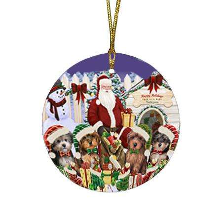 Happy Holidays Christmas Yorkipoos Dog House Gathering Round Flat Christmas Ornament RFPOR51465