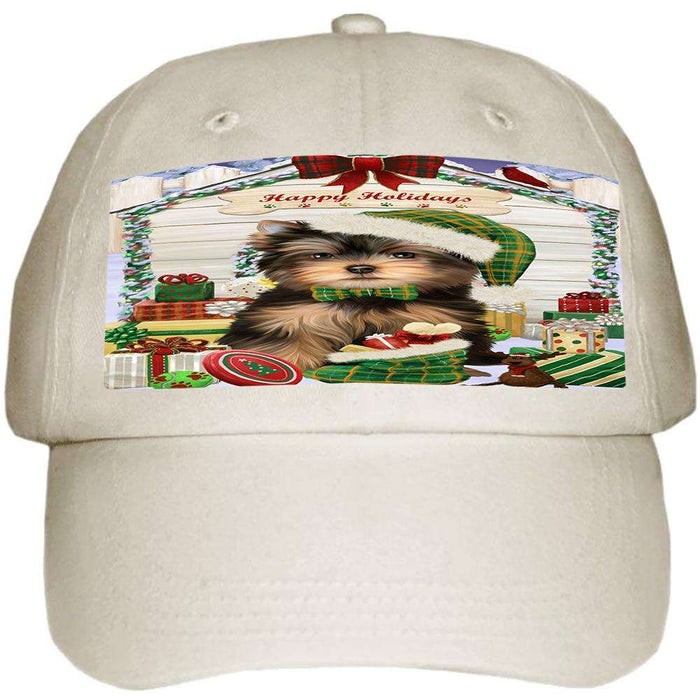 Happy Holidays Christmas Yorkshire Terrier Dog House with Presents Ball Hat Cap HAT58353