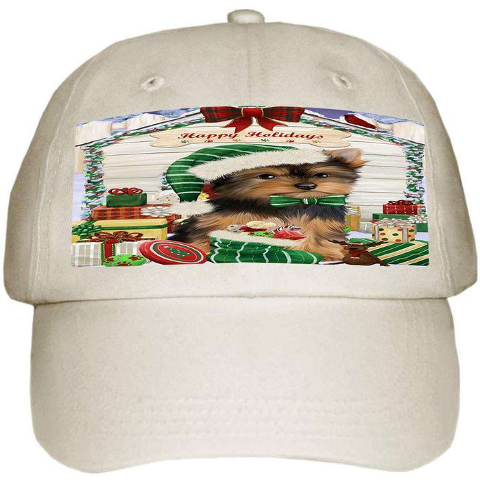 Happy Holidays Christmas Yorkshire Terrier Dog House with Presents Ball Hat Cap HAT58356