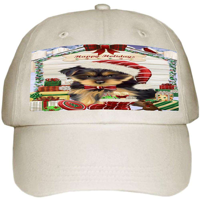 Happy Holidays Christmas Yorkshire Terrier Dog House with Presents Ball Hat Cap HAT58362