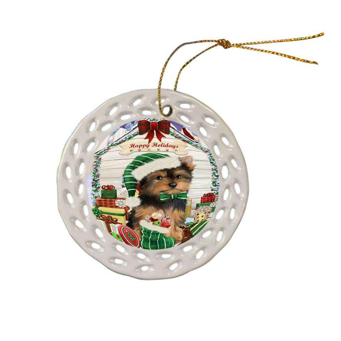 Happy Holidays Christmas Yorkshire Terrier Dog House With Presents Ceramic Doily Ornament DPOR51541