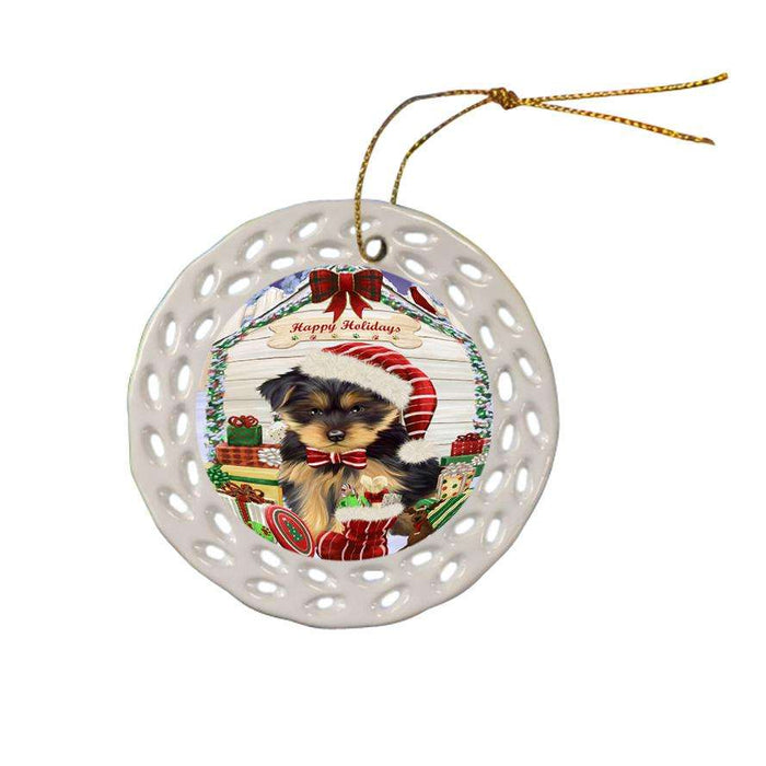 Happy Holidays Christmas Yorkshire Terrier Dog House With Presents Ceramic Doily Ornament DPOR51543