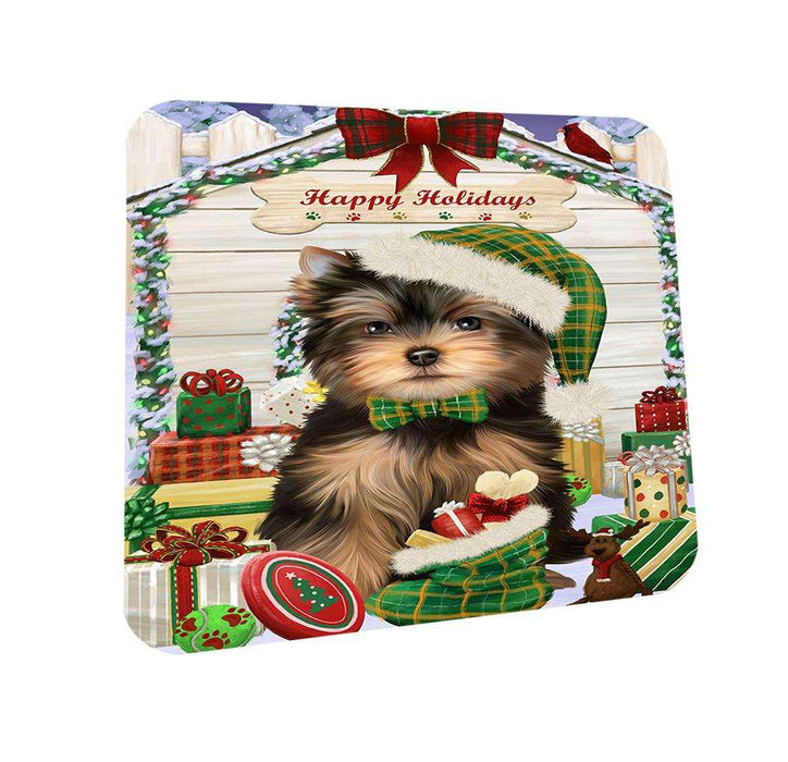 Happy Holidays Christmas Yorkshire Terrier Dog House With Presents Coasters Set of 4 CST51499