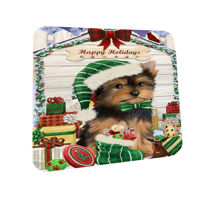 Happy Holidays Christmas Yorkshire Terrier Dog House With Presents Coasters Set of 4 CST51500