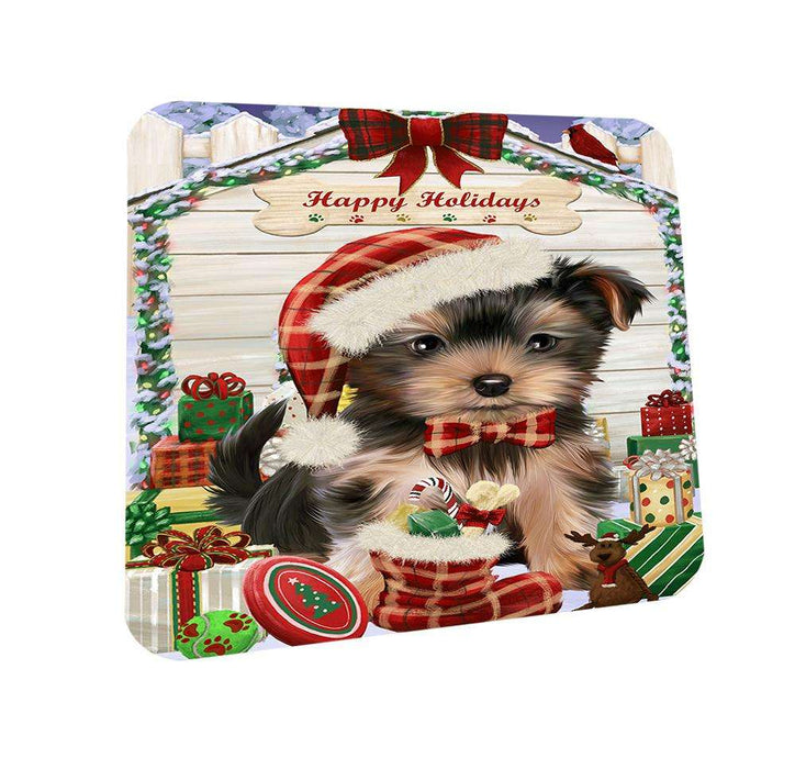 Happy Holidays Christmas Yorkshire Terrier Dog House With Presents Coasters Set of 4 CST51501