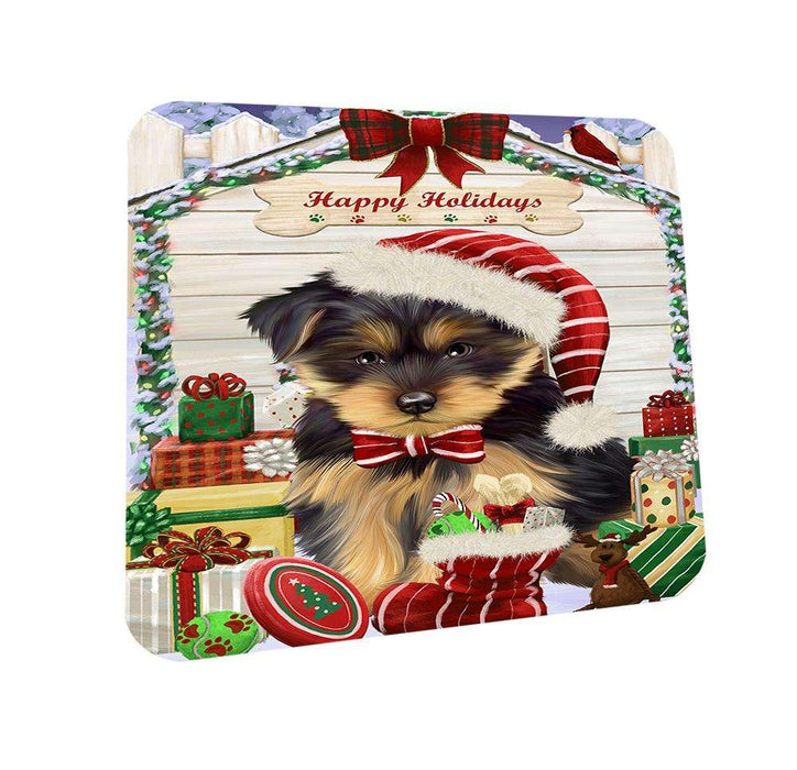 Happy Holidays Christmas Yorkshire Terrier Dog House With Presents Coasters Set of 4 CST51502