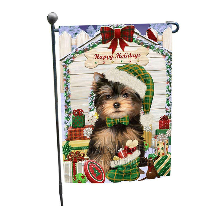 Happy Holidays Christmas Yorkshire Terrier Dog House With Presents Garden Flag GFLG51537