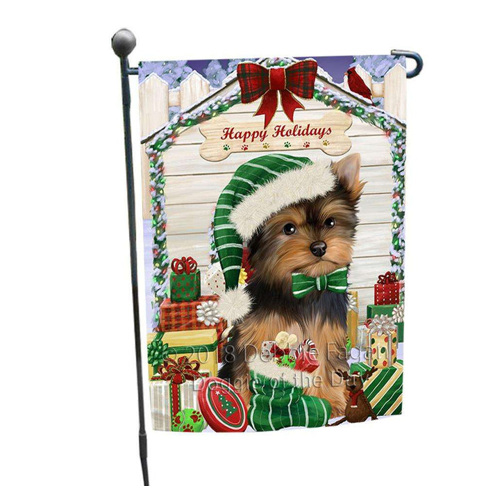 Happy Holidays Christmas Yorkshire Terrier Dog House With Presents Garden Flag GFLG51538