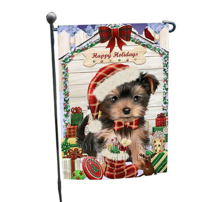 Happy Holidays Christmas Yorkshire Terrier Dog House With Presents Garden Flag GFLG51539