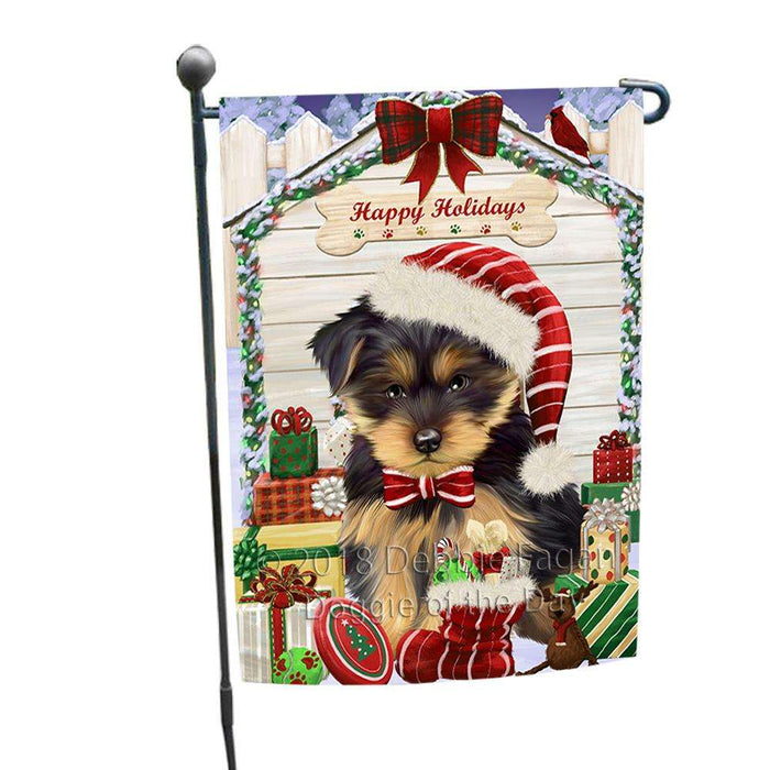 Happy Holidays Christmas Yorkshire Terrier Dog House With Presents Garden Flag GFLG51540