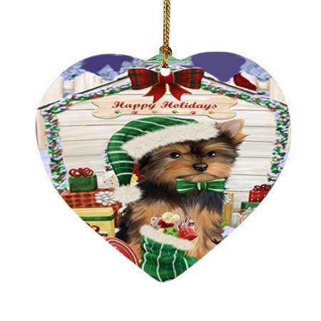 Happy Holidays Christmas Yorkshire Terrier Dog House With Presents Heart Christmas Ornament HPOR51541