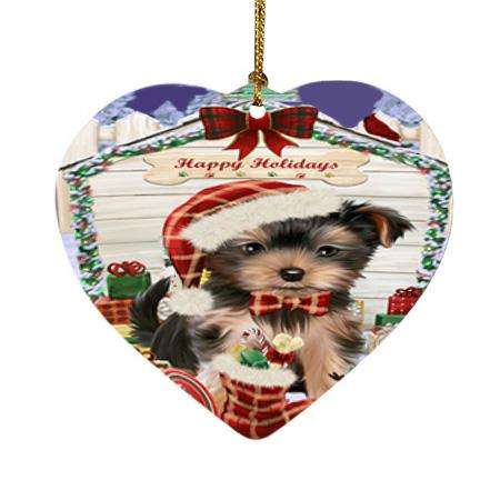 Happy Holidays Christmas Yorkshire Terrier Dog House With Presents Heart Christmas Ornament HPOR51542