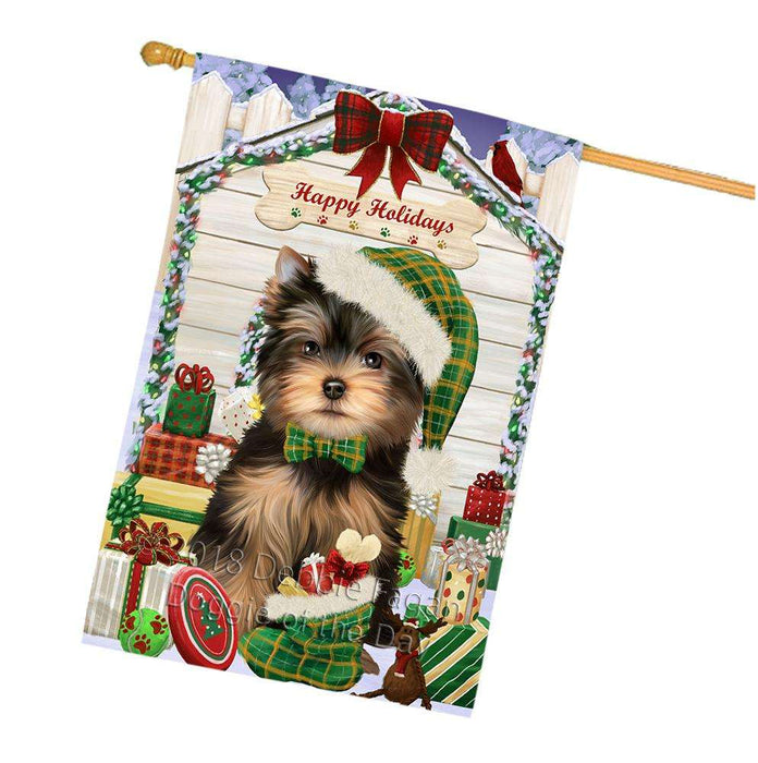 Happy Holidays Christmas Yorkshire Terrier Dog House With Presents House Flag FLG51673