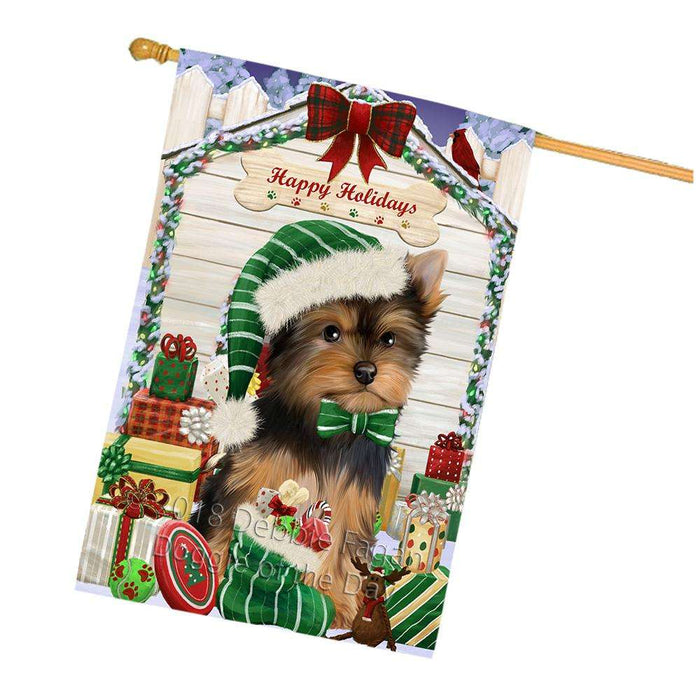 Happy Holidays Christmas Yorkshire Terrier Dog House With Presents House Flag FLG51674