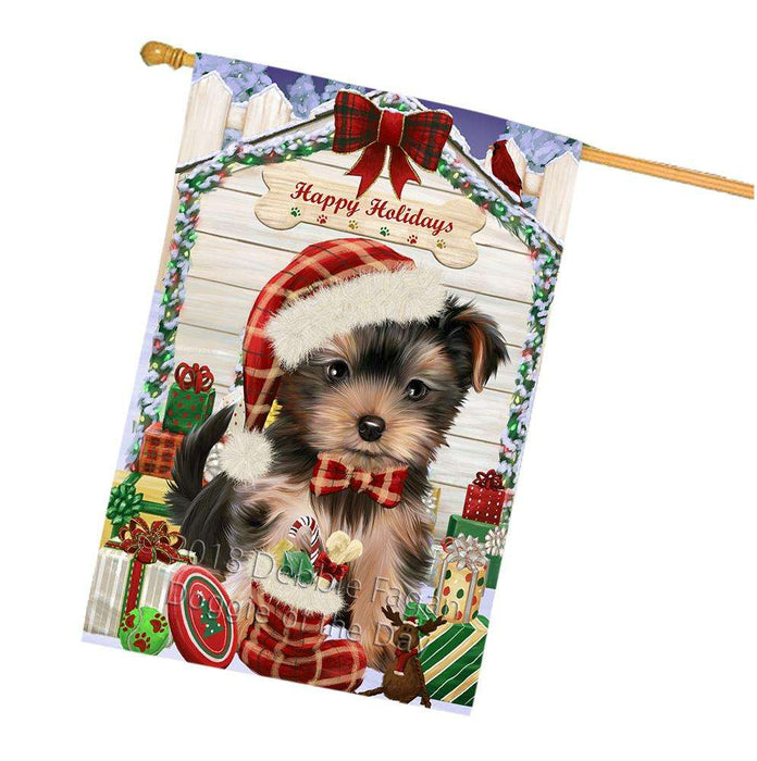 Happy Holidays Christmas Yorkshire Terrier Dog House With Presents House Flag FLG51675