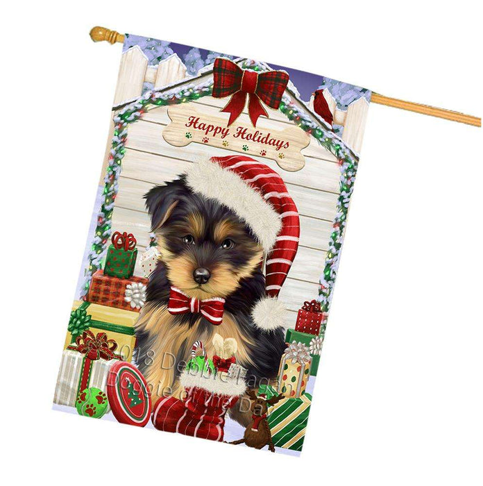 Happy Holidays Christmas Yorkshire Terrier Dog House With Presents House Flag FLG51676