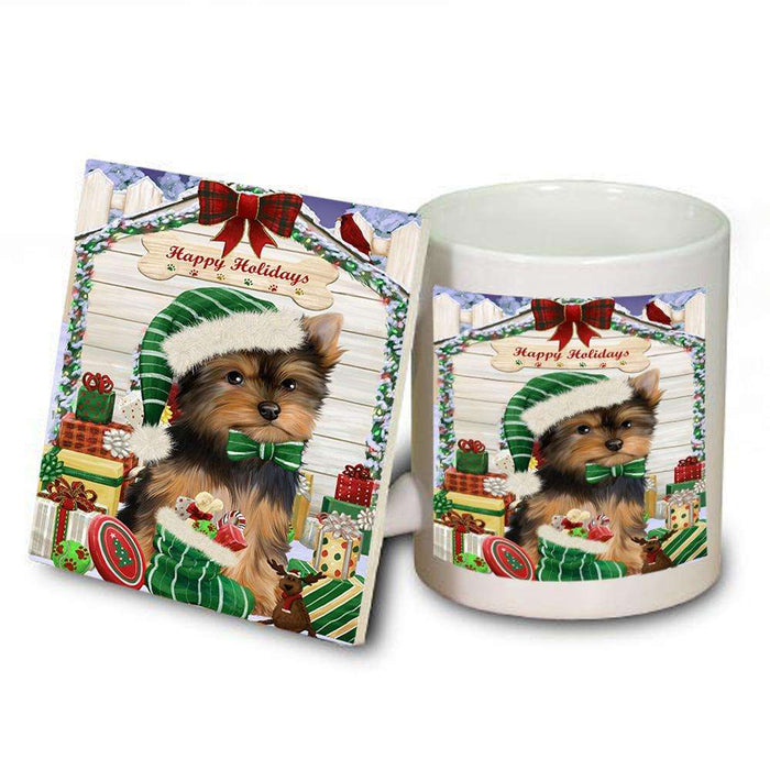 Happy Holidays Christmas Yorkshire Terrier Dog House With Presents Mug and Coaster Set MUC51533
