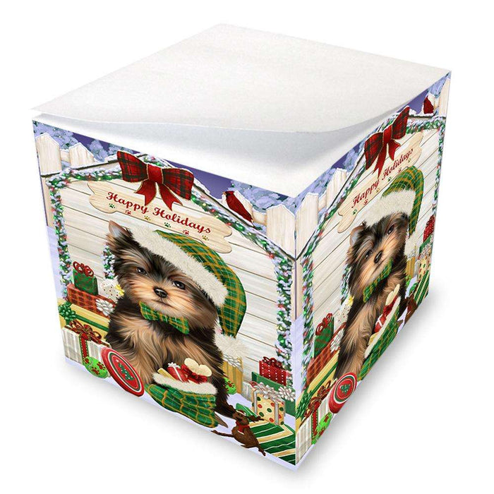 Happy Holidays Christmas Yorkshire Terrier Dog House With Presents Note Cube NOC51540