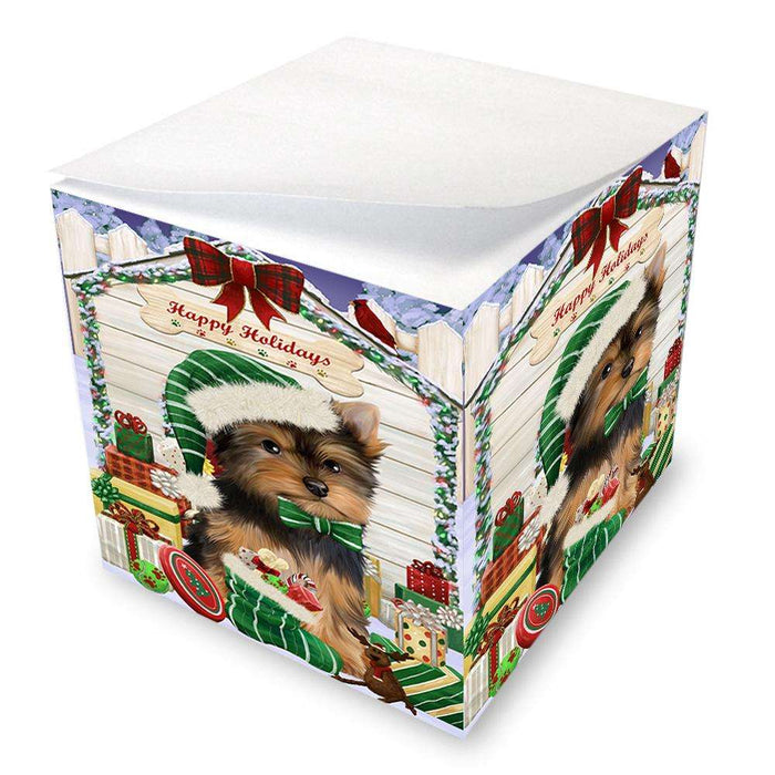 Happy Holidays Christmas Yorkshire Terrier Dog House With Presents Note Cube NOC51541