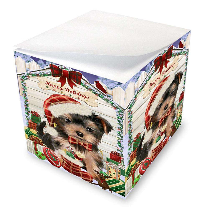 Happy Holidays Christmas Yorkshire Terrier Dog House With Presents Note Cube NOC51542