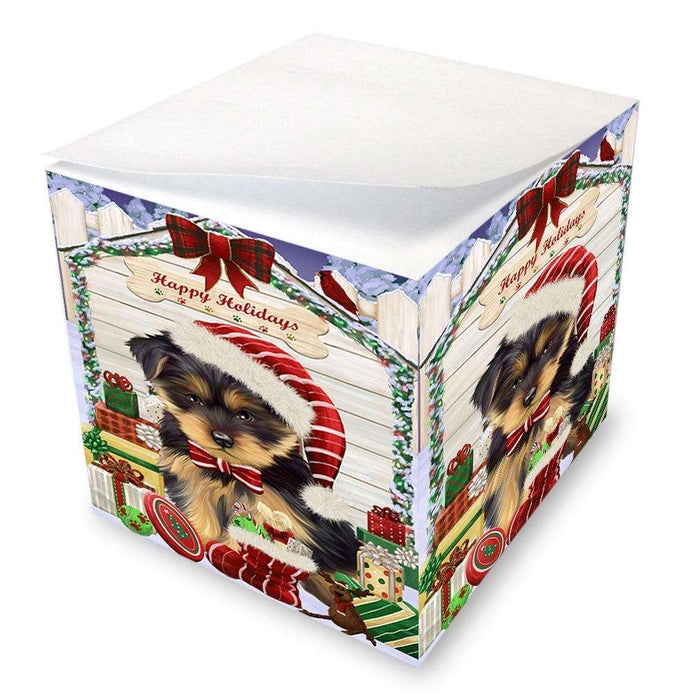 Happy Holidays Christmas Yorkshire Terrier Dog House With Presents Note Cube NOC51543