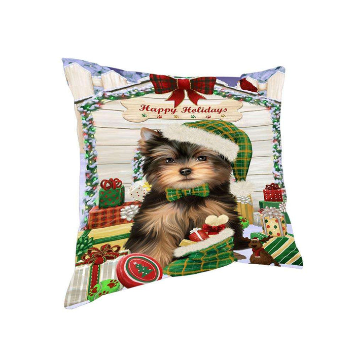 Happy Holidays Christmas Yorkshire Terrier Dog House with Presents Pillow PIL62524